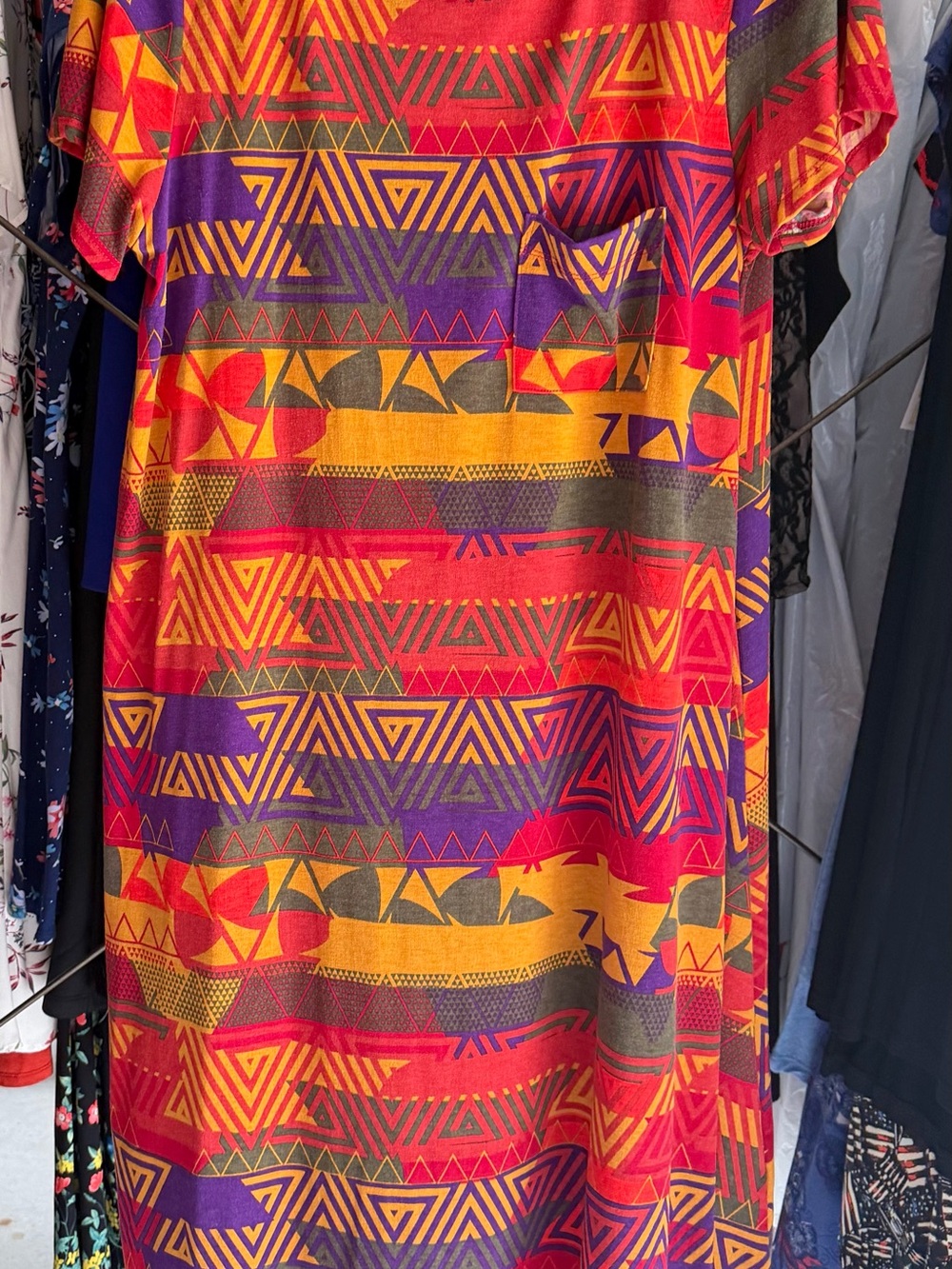 LuLaRoe Multicolor Geometric Midi Dress in Red, Purple, Gold